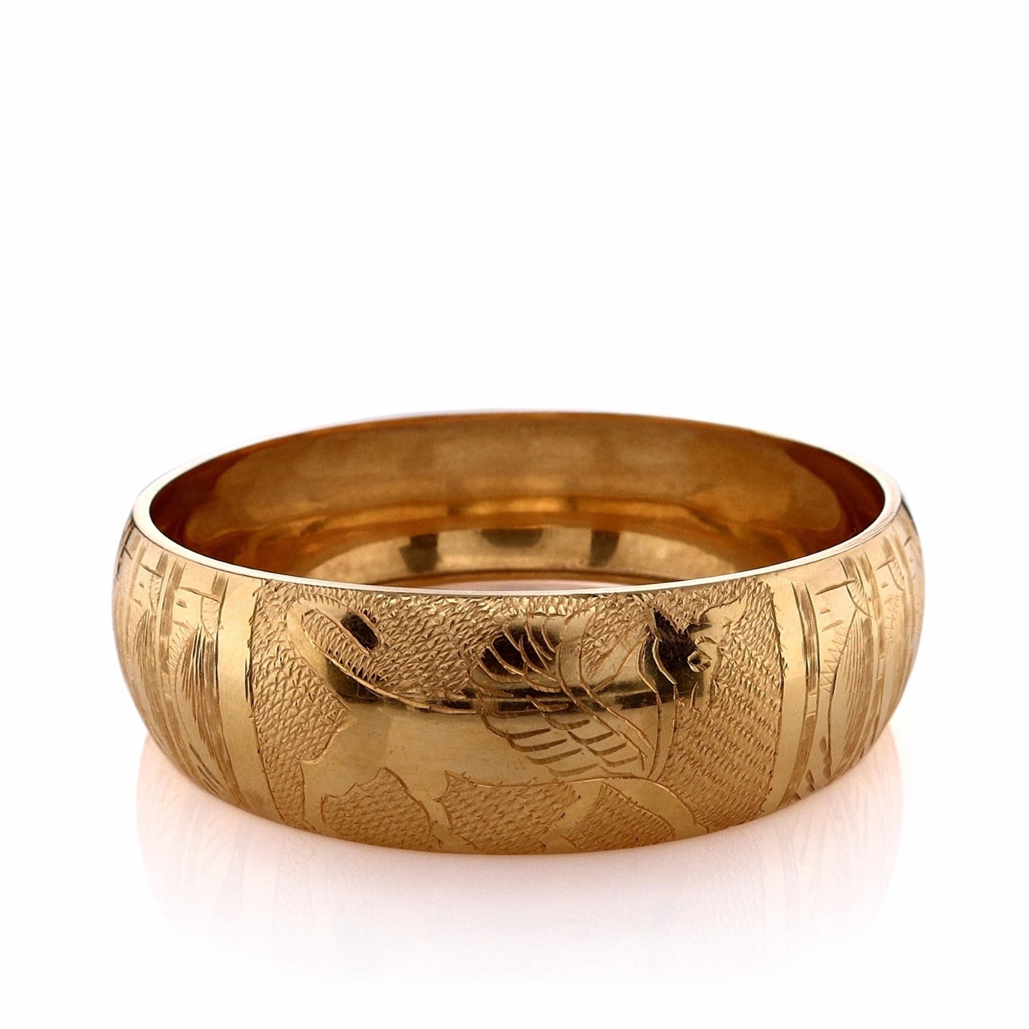Estate 18k Yellow Gold Wide Engraved Griffin Motif Slip On Bangle Bracelet
