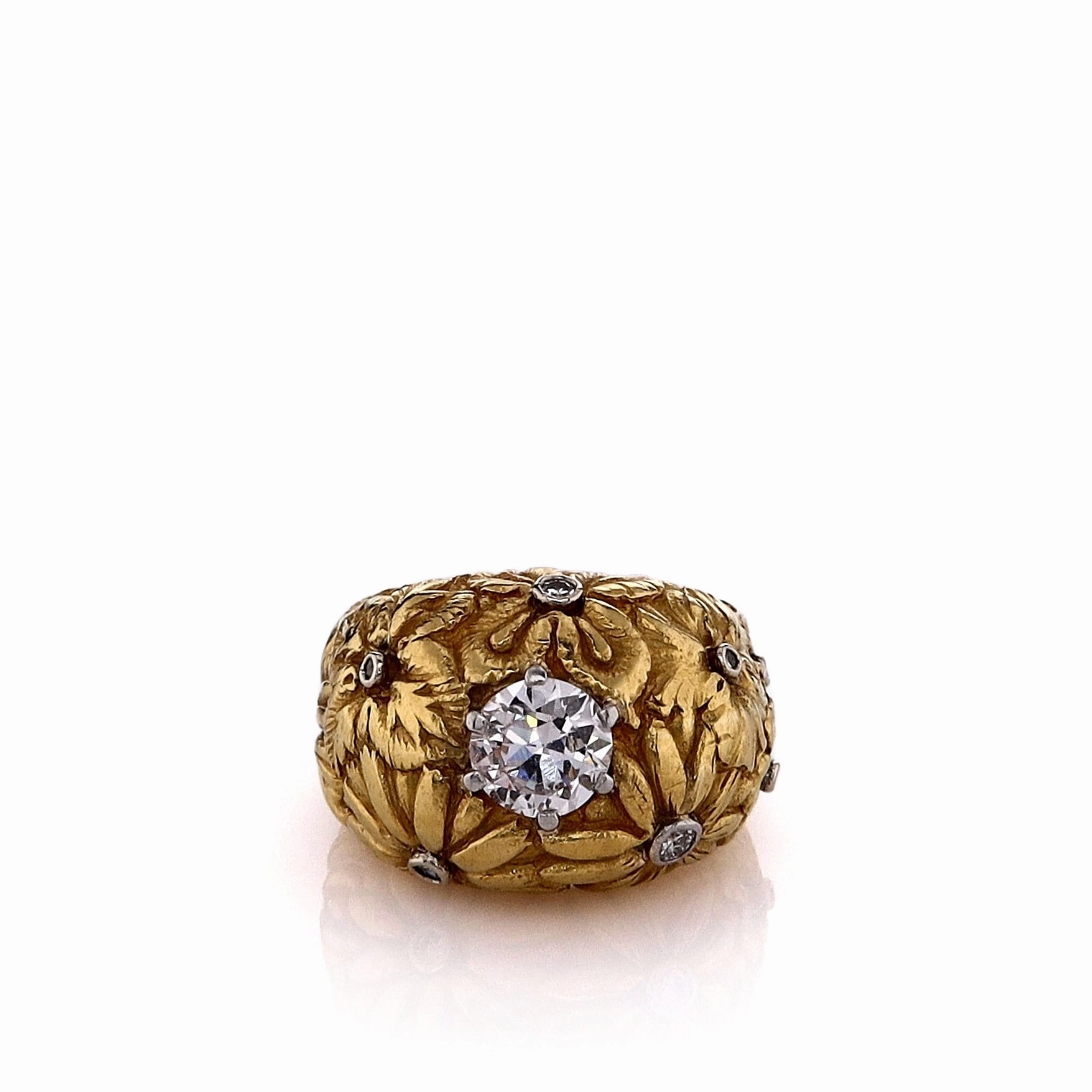 Estate 22k Yellow Gold Domed Floral Design Diamond Cocktail Ring