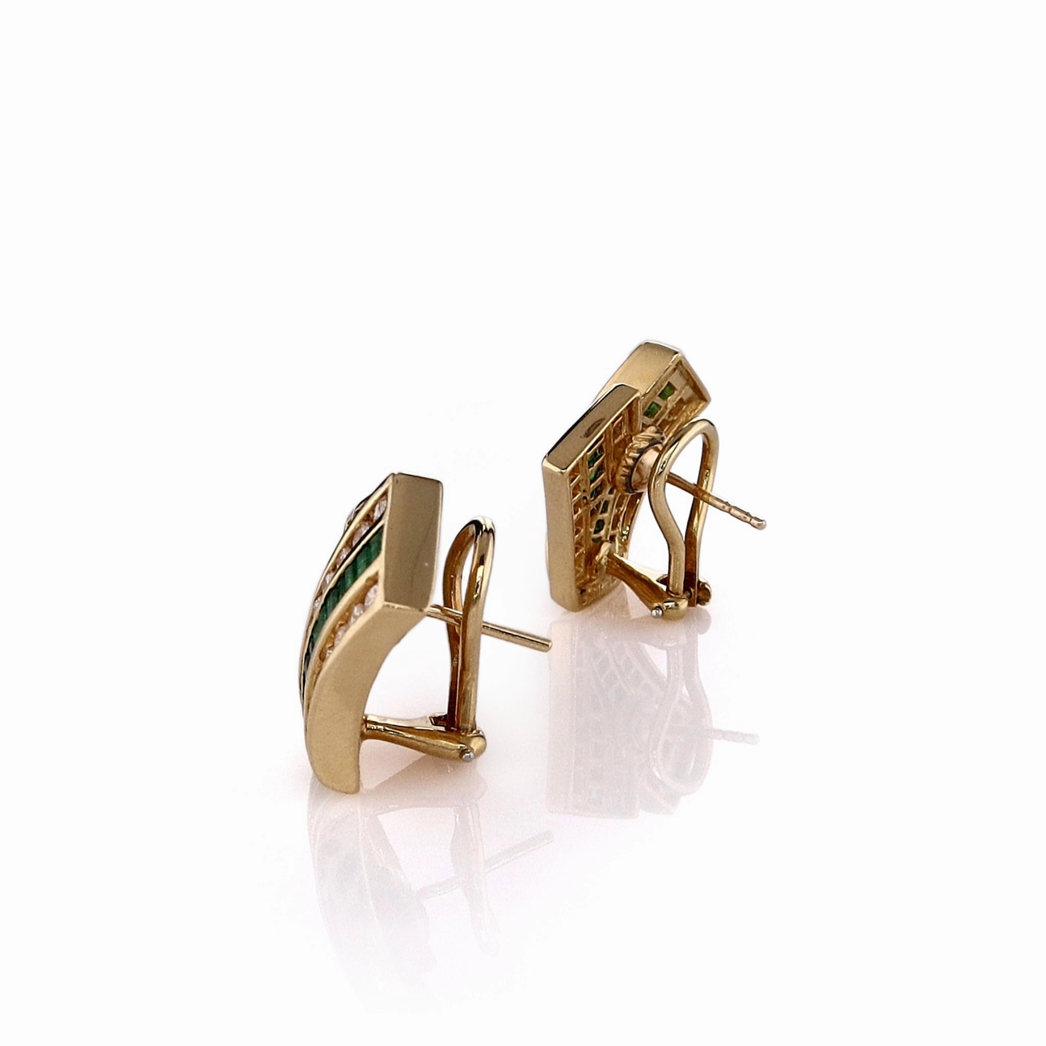 Estate C. Krypell 18k Yellow Gold Emerald and Diamond Stud Earrings