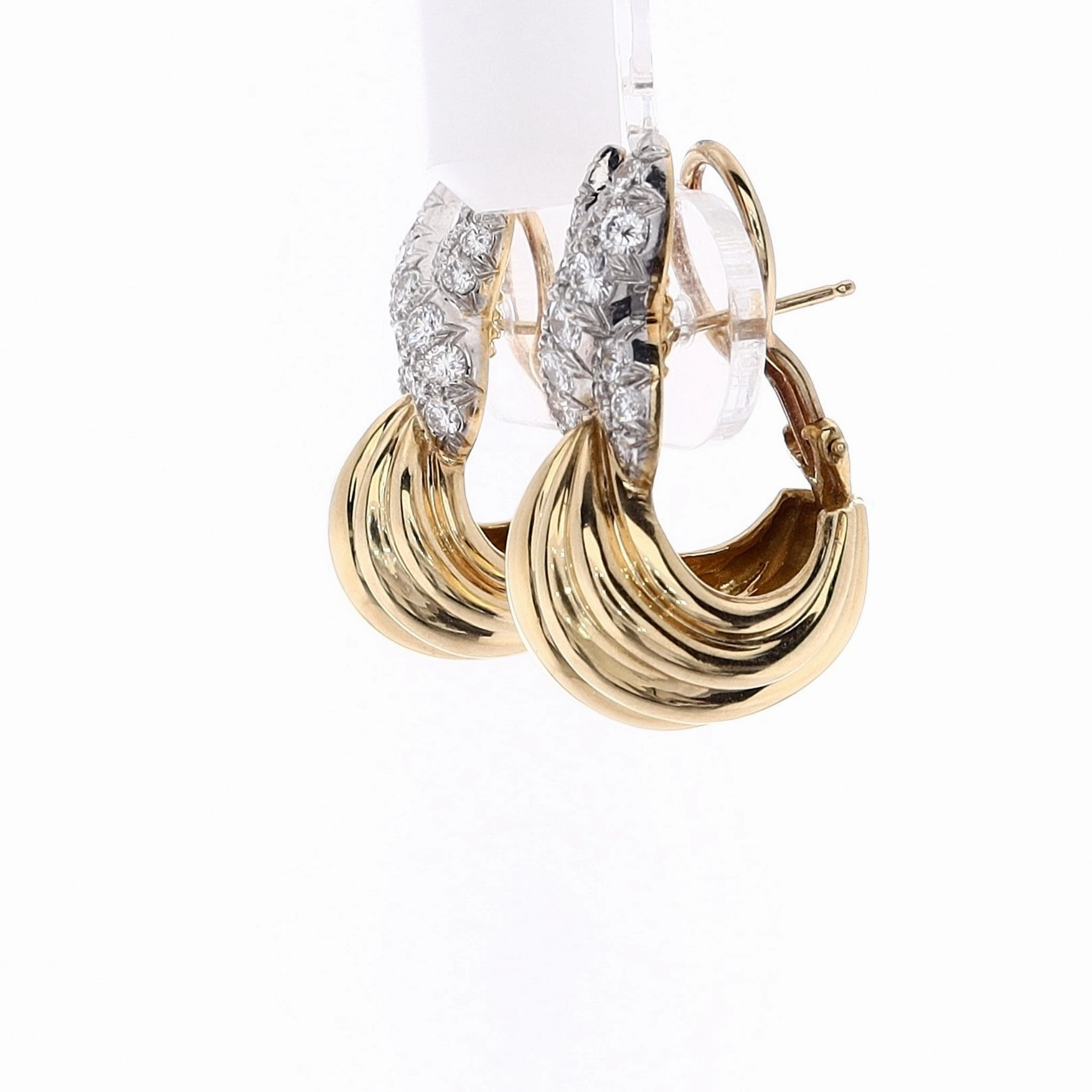 Estate Charles Turi Two-Tone Scallop Design and Pave "X" Diamond Earrings
