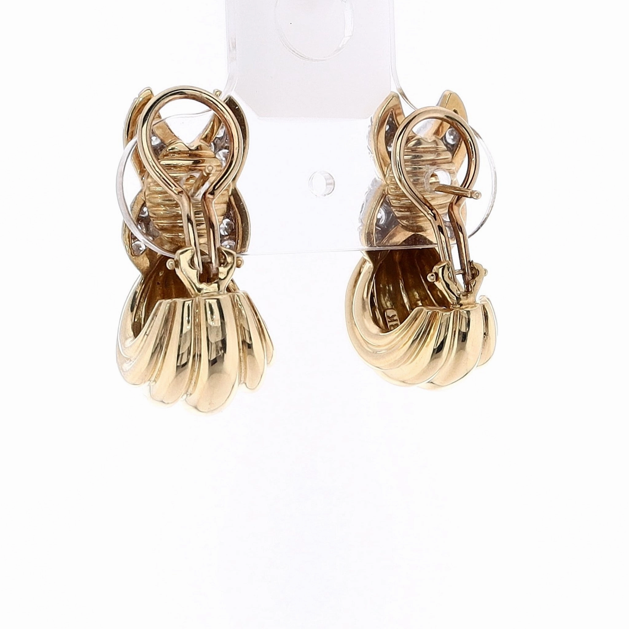 Estate Charles Turi Two-Tone Scallop Design and Pave "X" Diamond Earrings