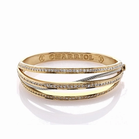 Estate Charriol 18k Yellow Gold Multi Row Diamond Hinged Bangle Bracelet