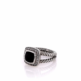 Estate David Yurman Sterling Silver Petite Albion Faceted Onyx and Diamond Halo Ring