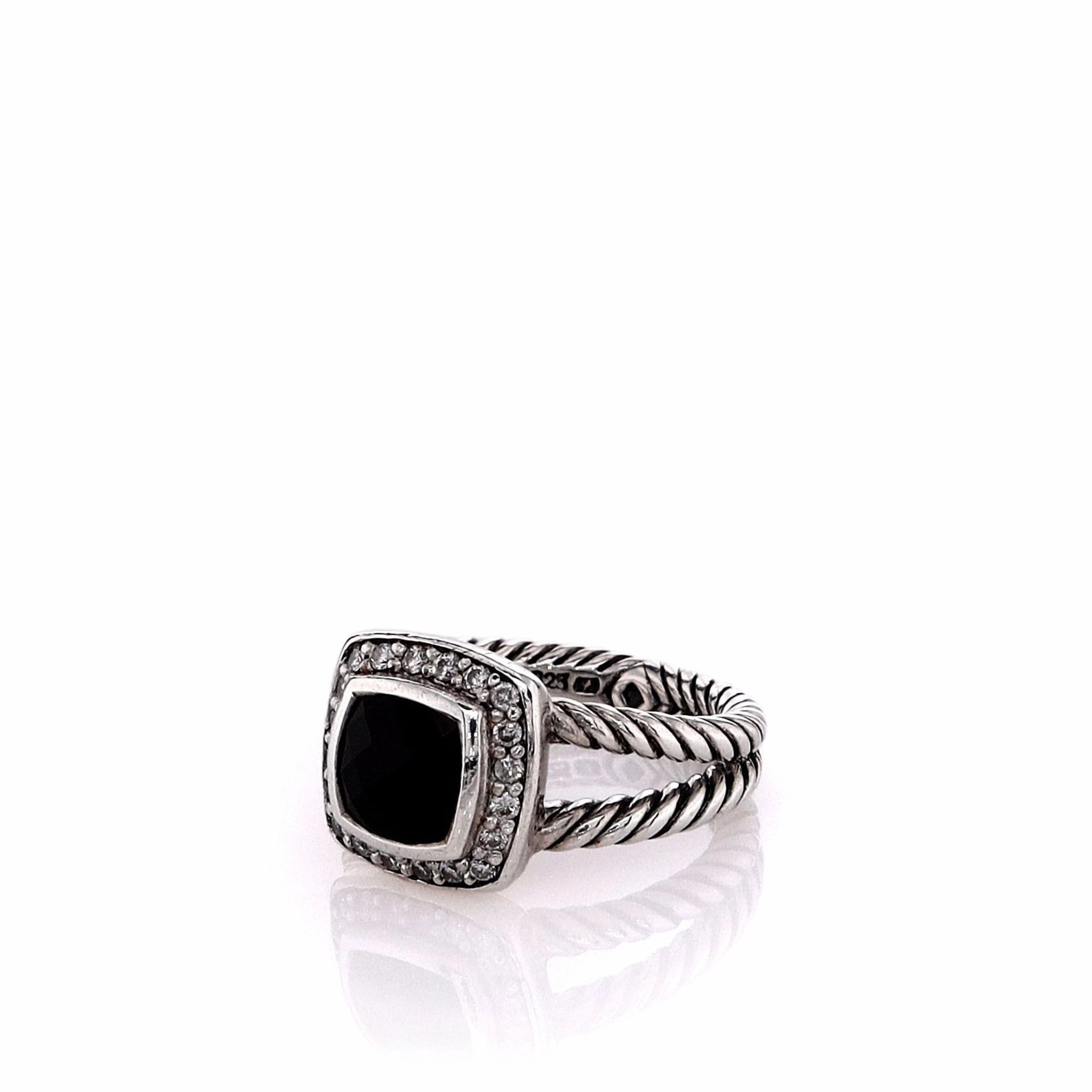 Estate David Yurman Sterling Silver Petite Albion Faceted Onyx and Diamond Halo Ring