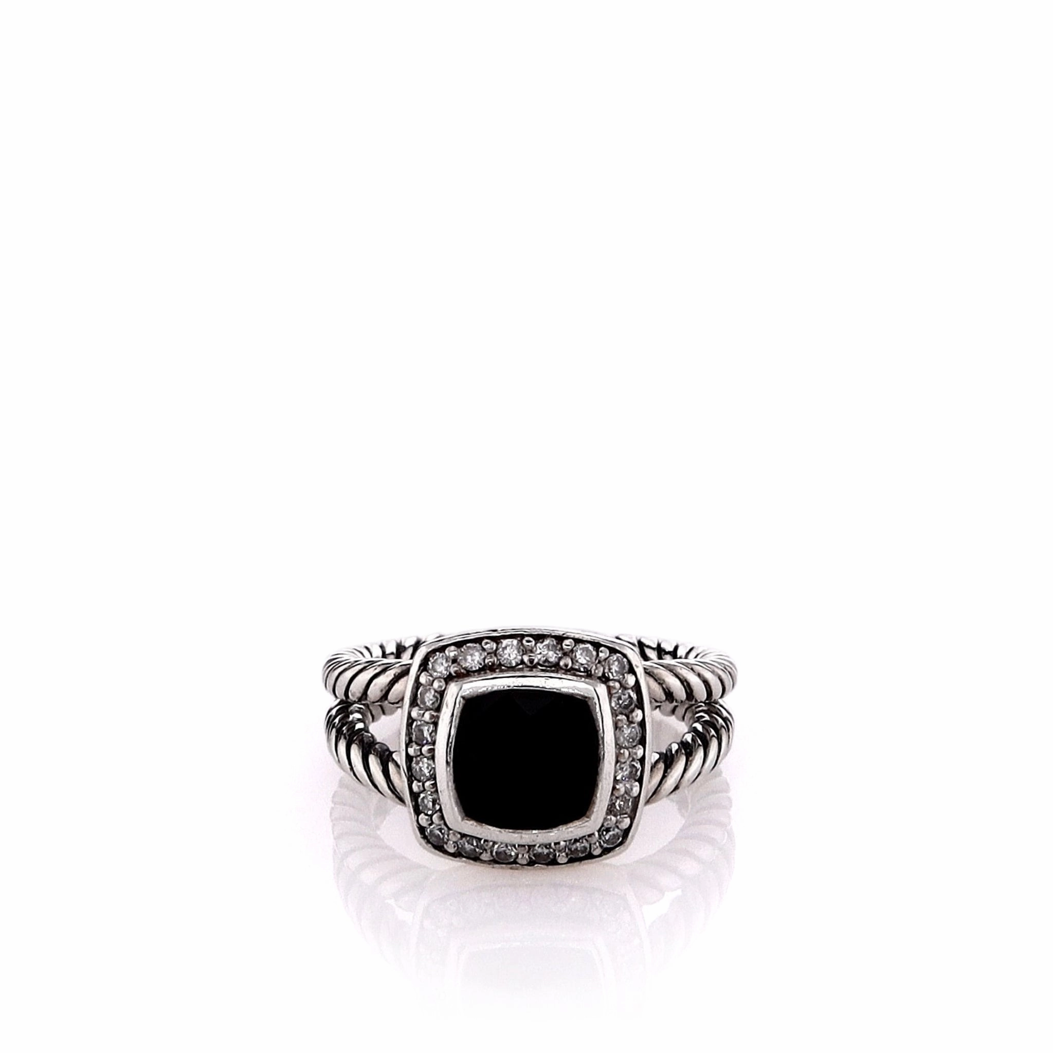 Estate David Yurman Sterling Silver Petite Albion Faceted Onyx and Diamond Halo Ring