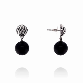 Estate David Yurman Sterling Silver Round Sculpted Top Onyx Drop Earrings