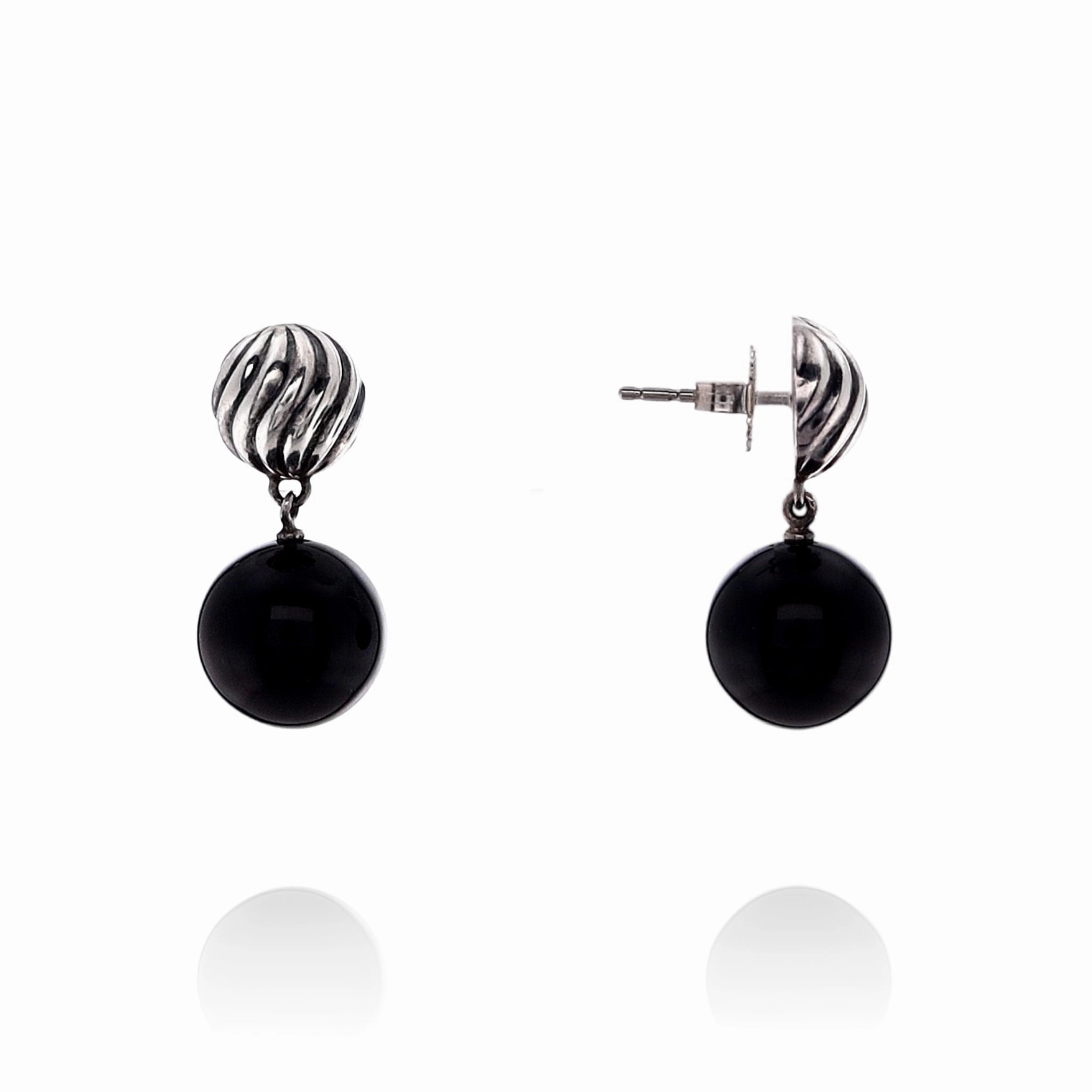 Estate David Yurman Sterling Silver Round Sculpted Top Onyx Drop Earrings