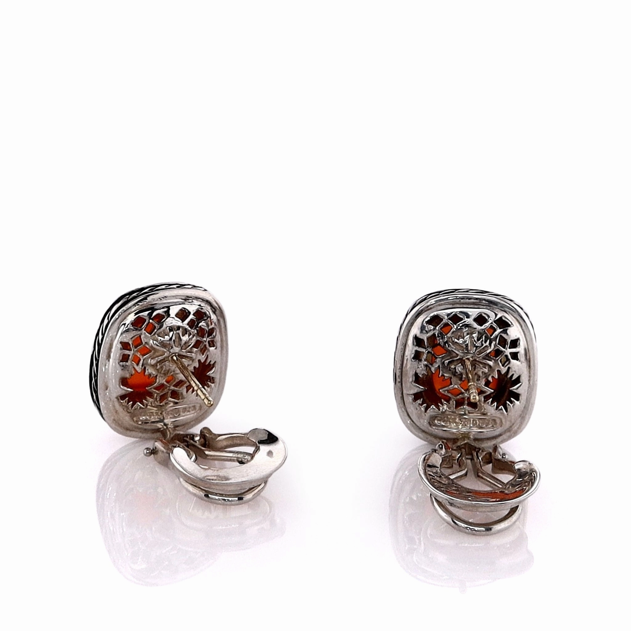 Estate David Yurman Two-Tone Cabochon Carnelian and Diamond Halo Stud Earrings