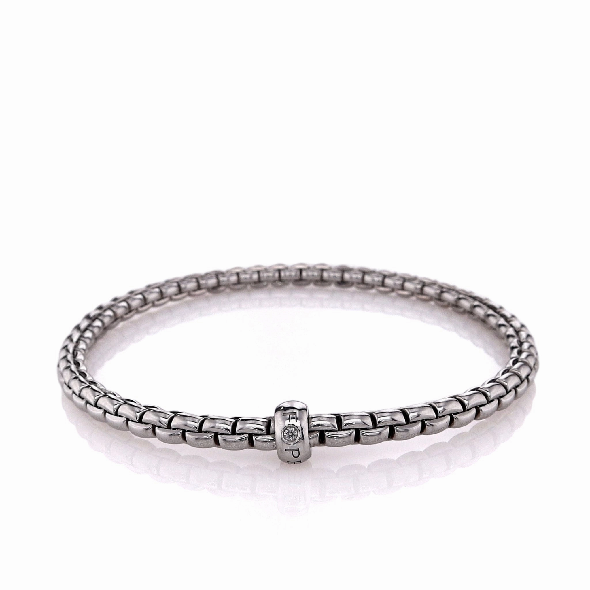 Estate Fope 18k White Gold Flexible Mesh Link Diamond Station Bracelet
