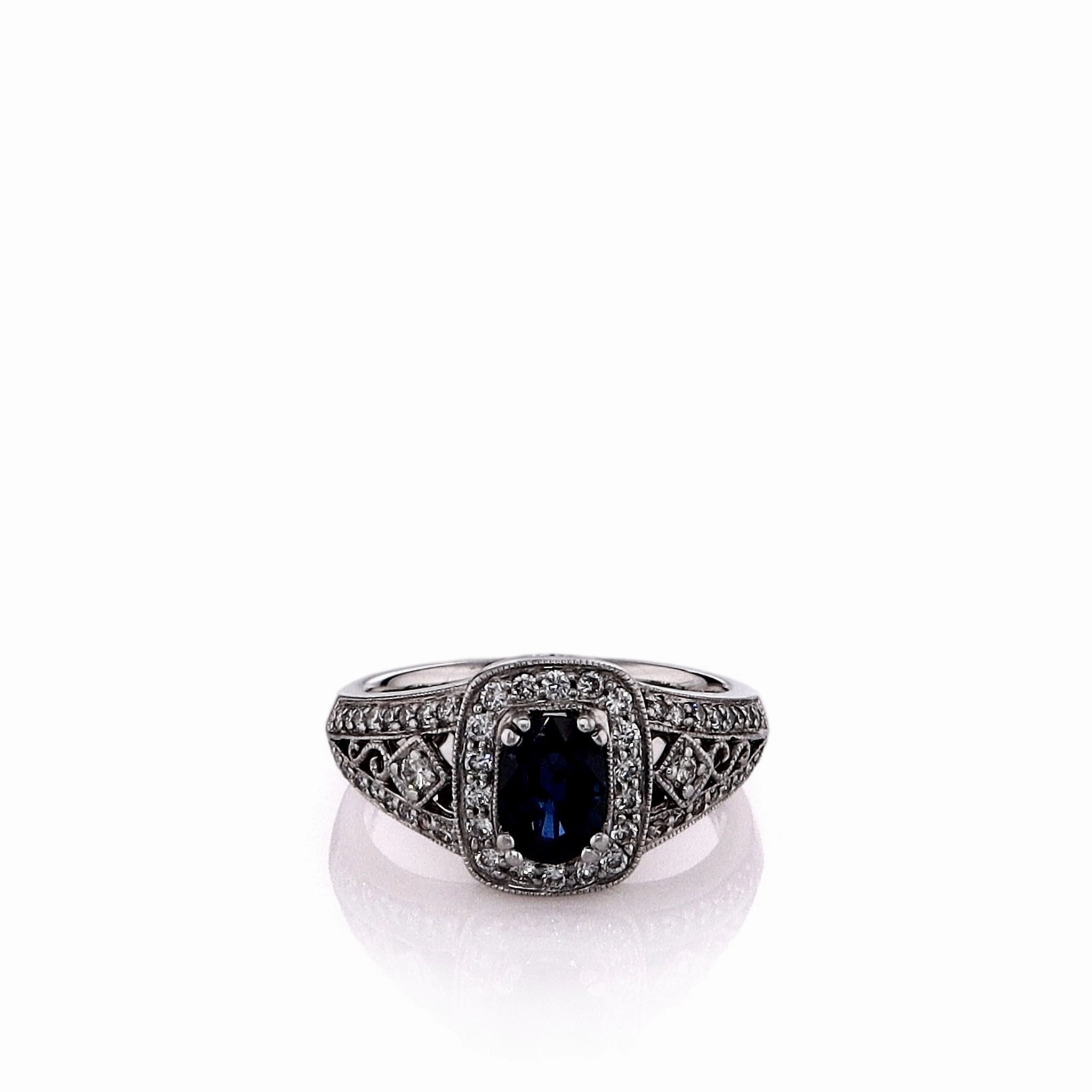 Estate Gabriel And Co 14k White Gold Sapphire and Diamond Halo Split Shank Ring