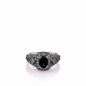 Estate Gabriel And Co 14k White Gold Sapphire and Diamond Halo Split Shank Ring