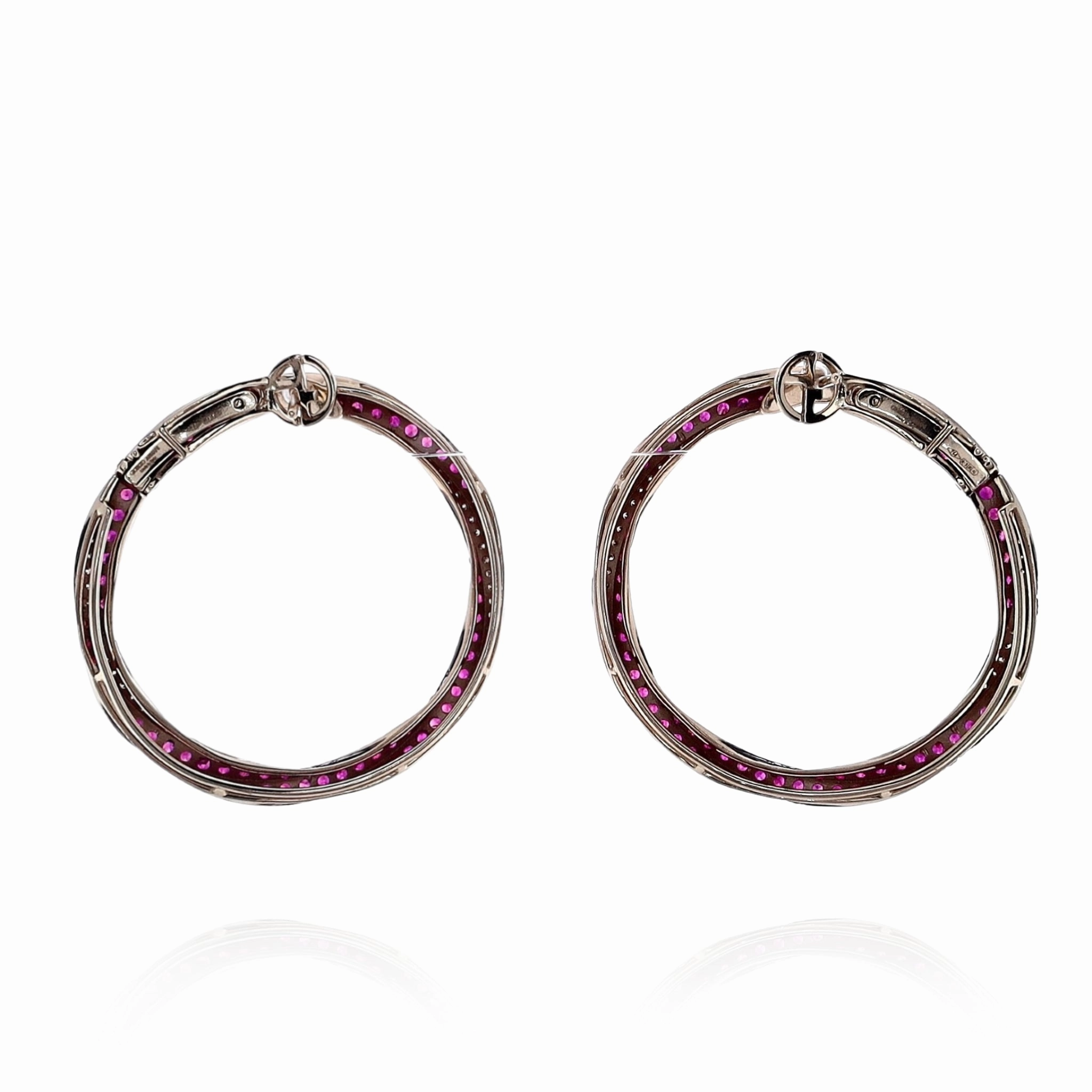 Estate Giorgio Armani 18k White Gold Ruby and Diamond Twisted Circle Hoop Earrings