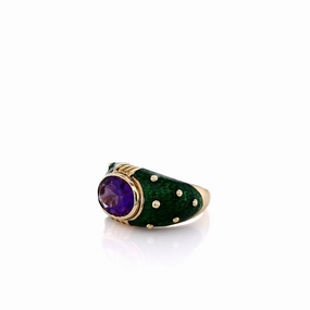 Estate Hildago 18k Yellow Gold Oval Amethyst and Green Enamel Ring
