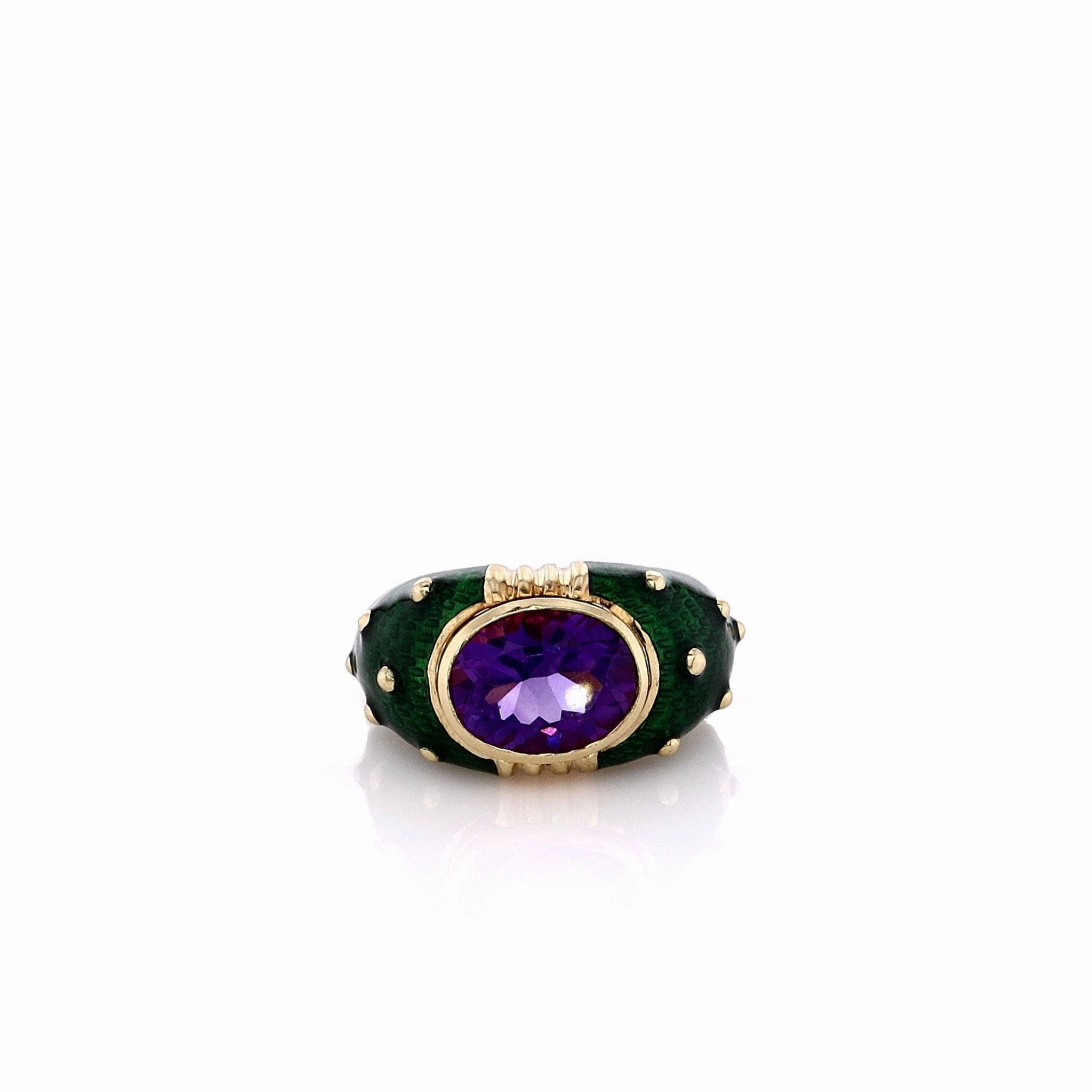 Estate Hildago 18k Yellow Gold Oval Amethyst and Green Enamel Ring