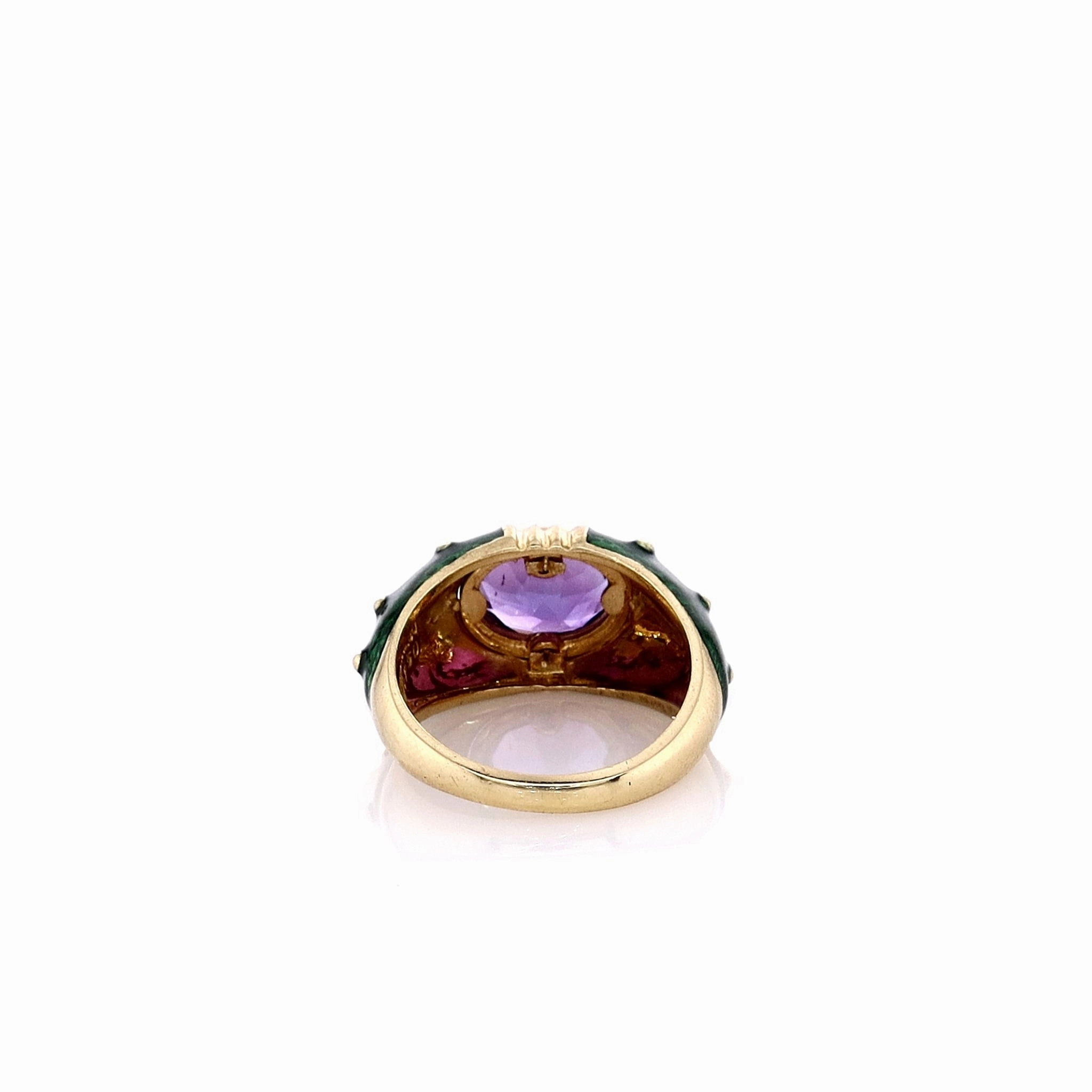 Estate Hildago 18k Yellow Gold Oval Amethyst and Green Enamel Ring
