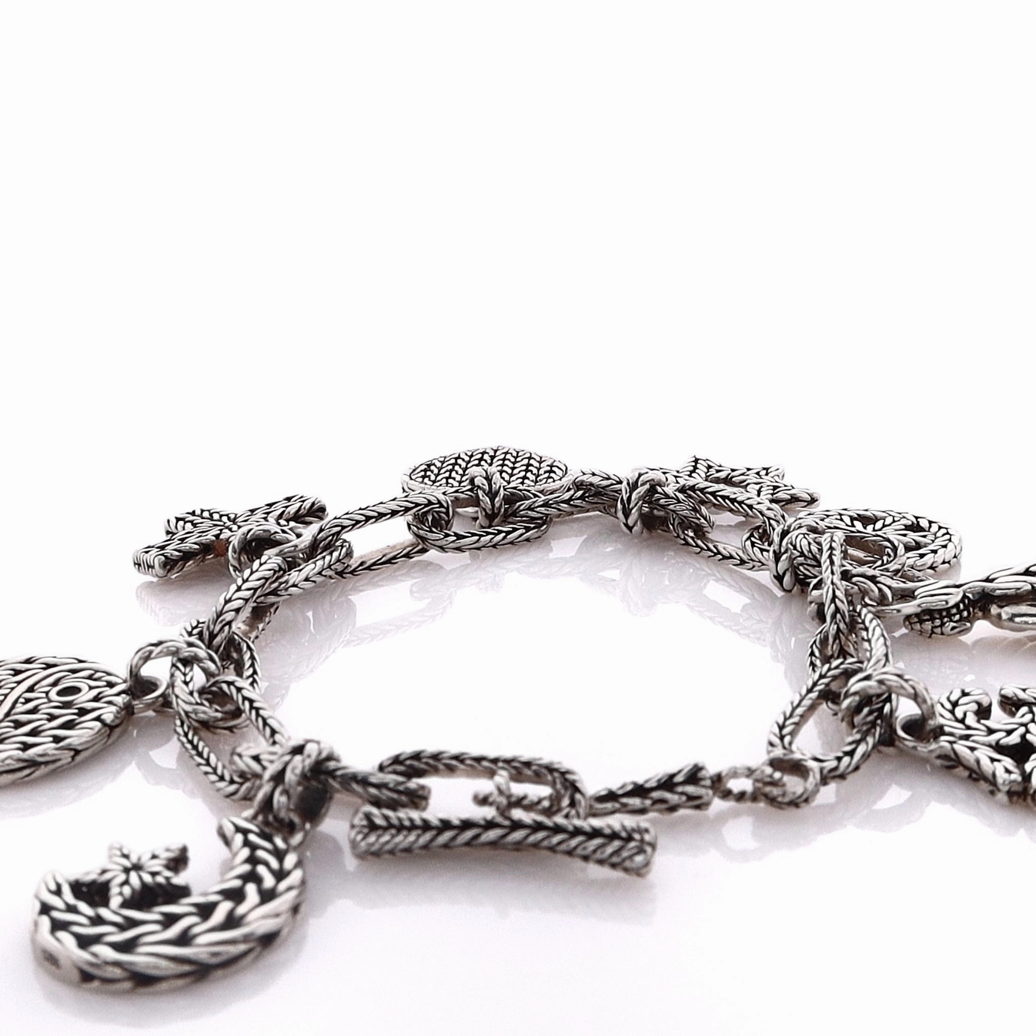 Estate John Hardy Sterling Silver Carved Chain Multi-Charm Bracelet