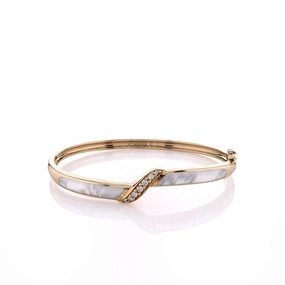 Estate Kabana 14k Yellow Gold Diamond and Mother of Pearl Inlay Hinged Bangle Bracelet