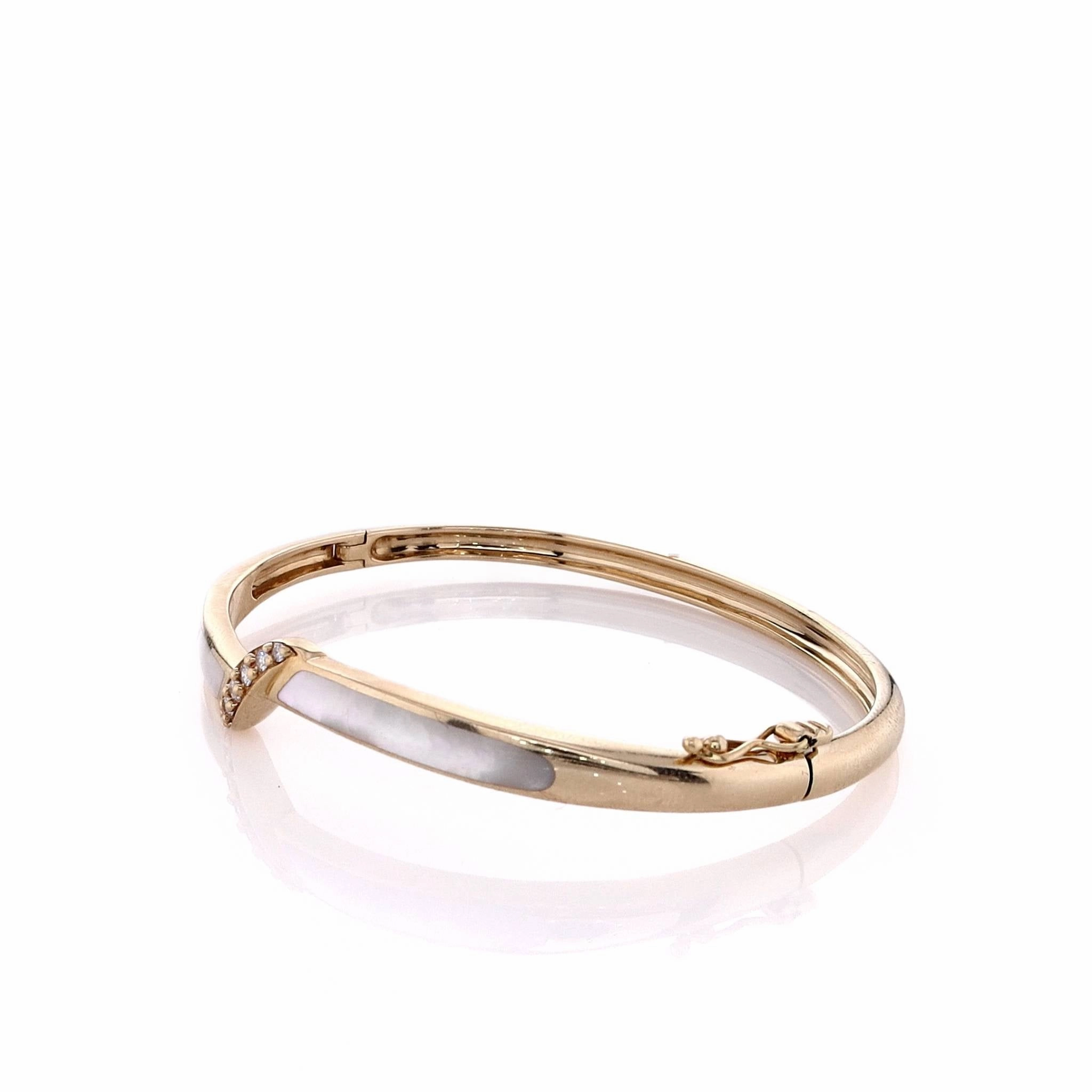 Estate Kabana 14k Yellow Gold Diamond and Mother of Pearl Inlay Hinged Bangle Bracelet