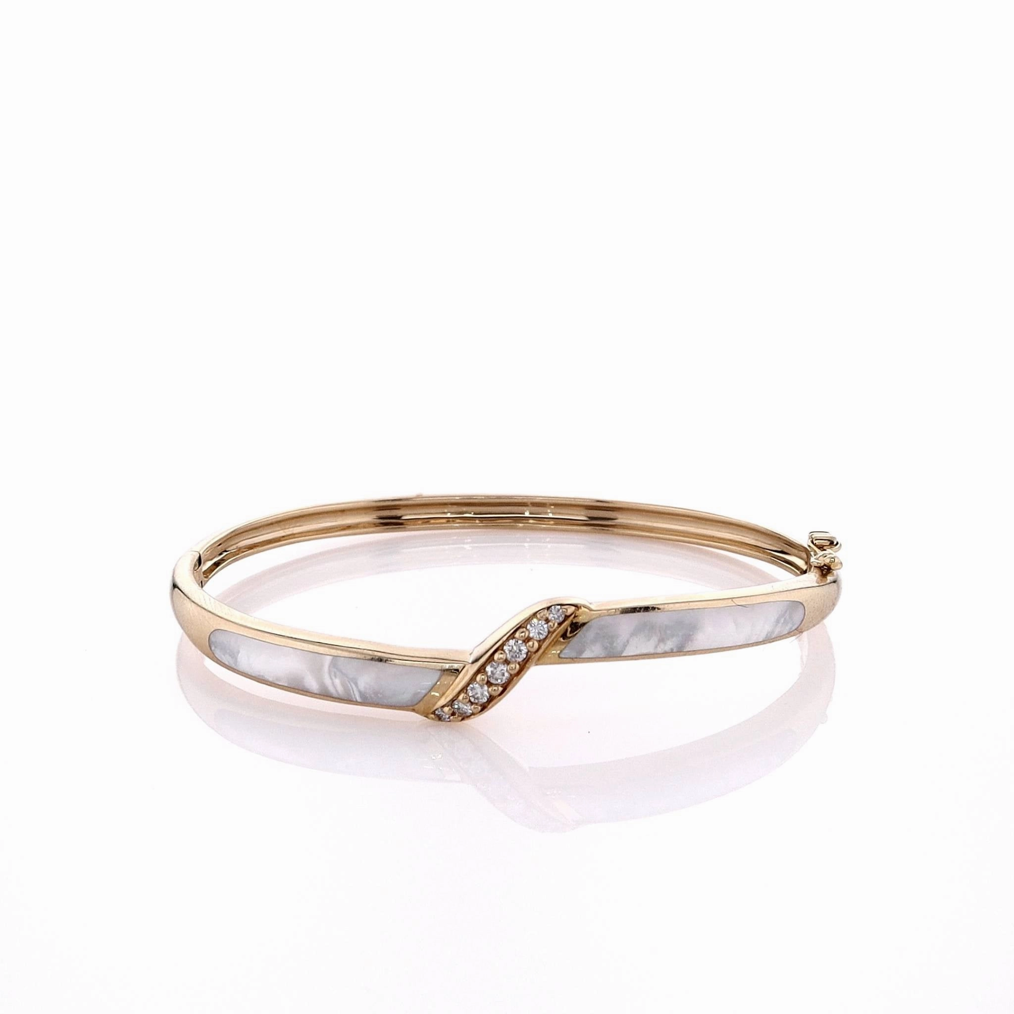 Estate Kabana 14k Yellow Gold Diamond and Mother of Pearl Inlay Hinged Bangle Bracelet