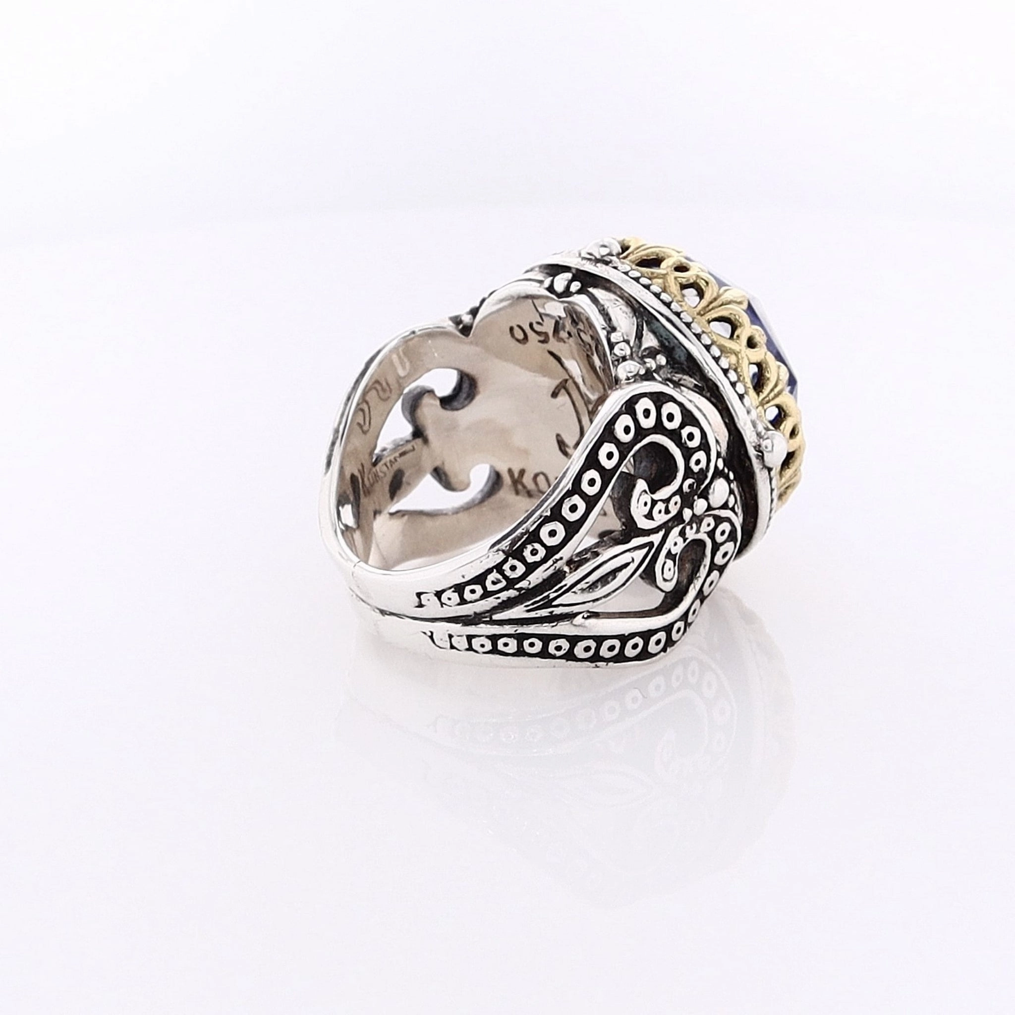 Estate Konstantino Sterling Silver and 18 Karat Yellow Gold Round Lapis Doublet Ring