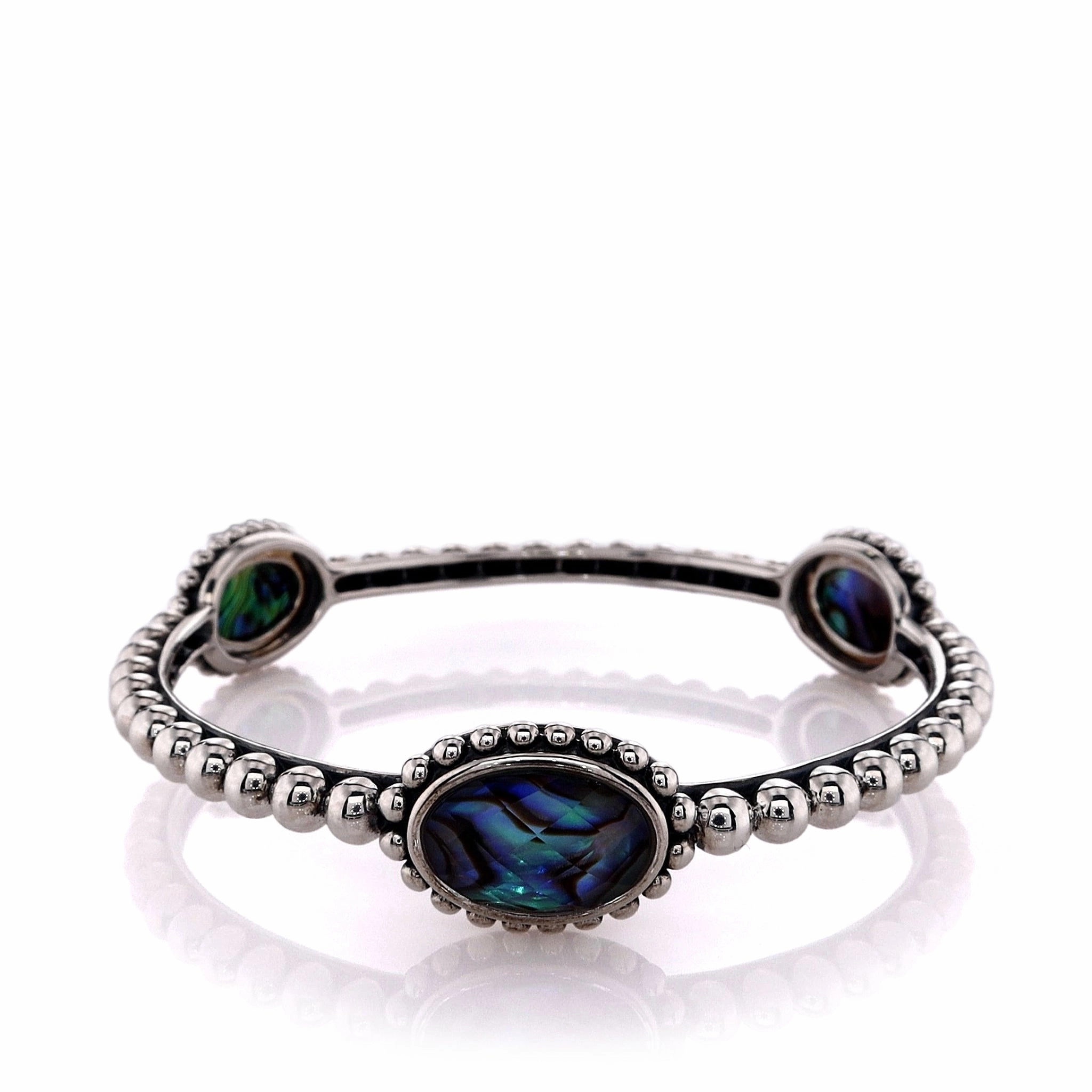 Estate Lagos Sterling Silver Caviar Maya Collection Abalone Doublet Beaded Station Bangle Bracelet