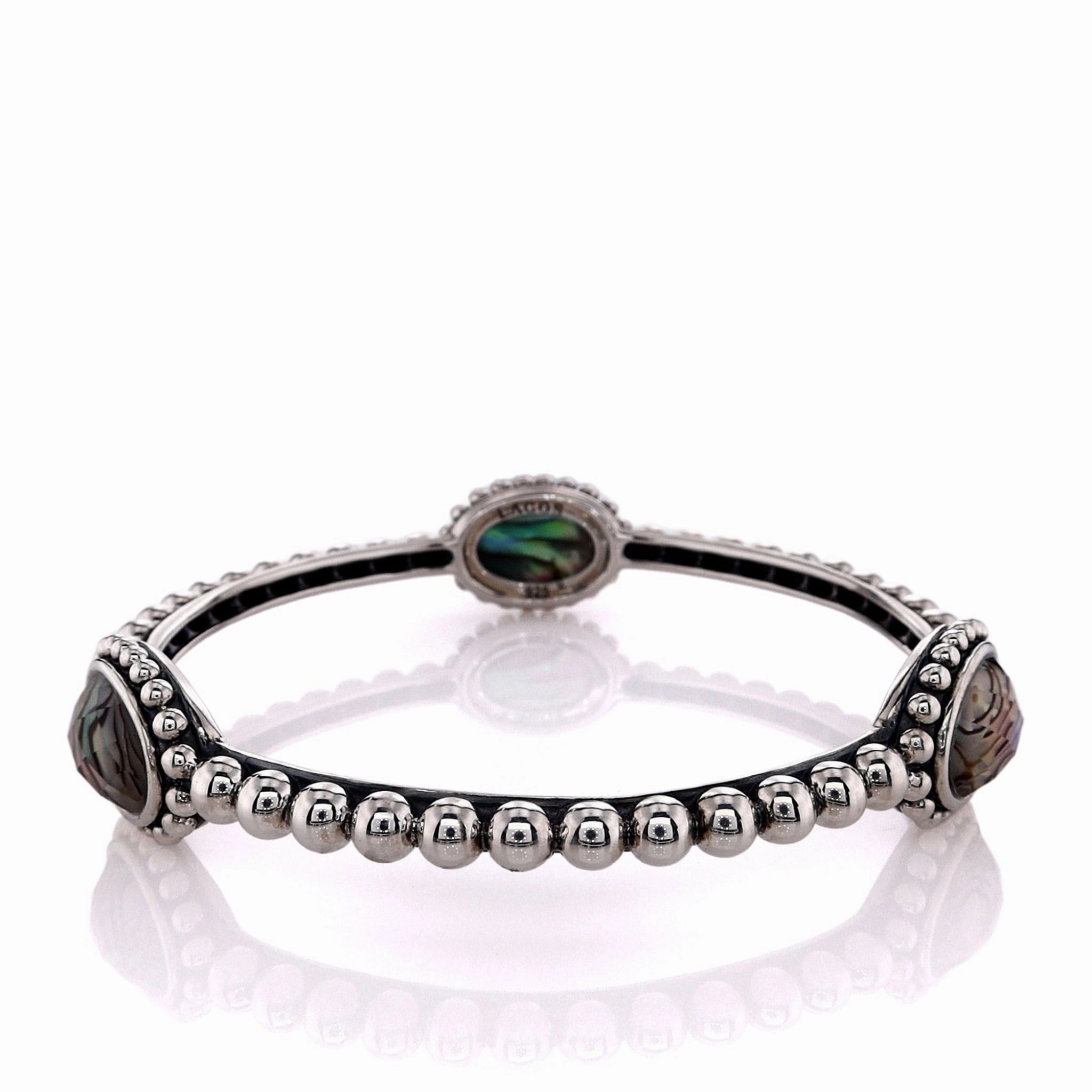 Estate Lagos Sterling Silver Caviar Maya Collection Abalone Doublet Beaded Station Bangle Bracelet