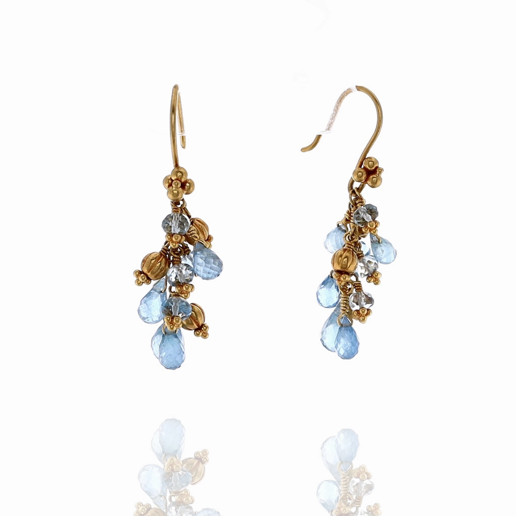 Estate Laura Gibson 22k Yellow Gold Aqua Briolettes Gold Bead Drop Earrings