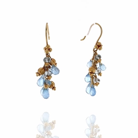 Estate Laura Gibson 22k Yellow Gold Aqua Briolettes Gold Bead Drop Earrings