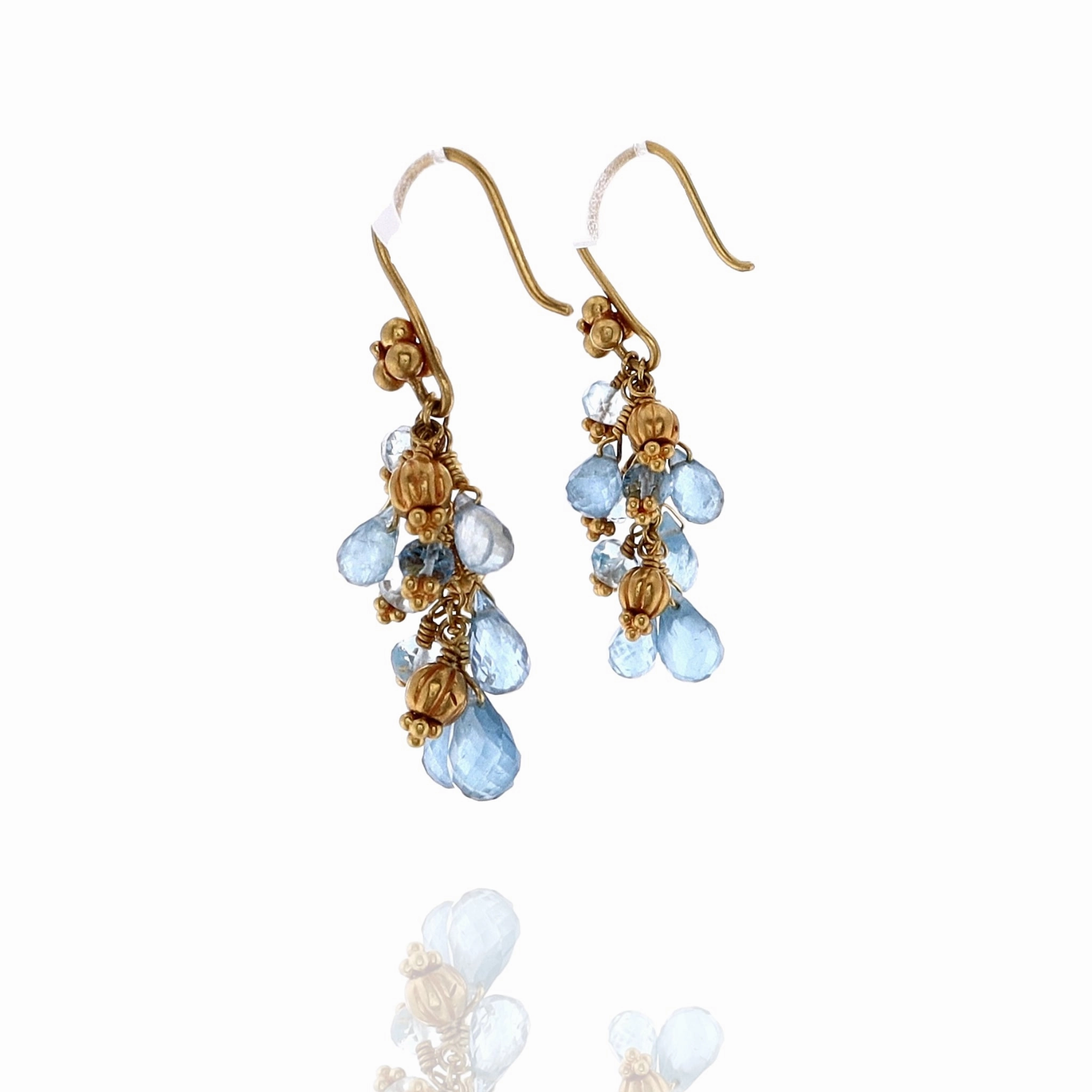 Estate Laura Gibson 22k Yellow Gold Aqua Briolettes Gold Bead Drop Earrings
