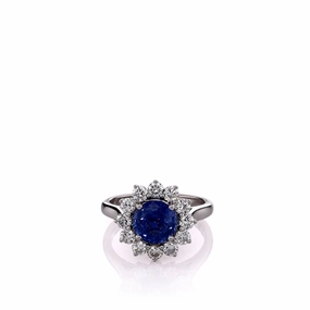 Estate Martin Flyer 14k White Gold Round Sapphire and Diamond Halo Ring