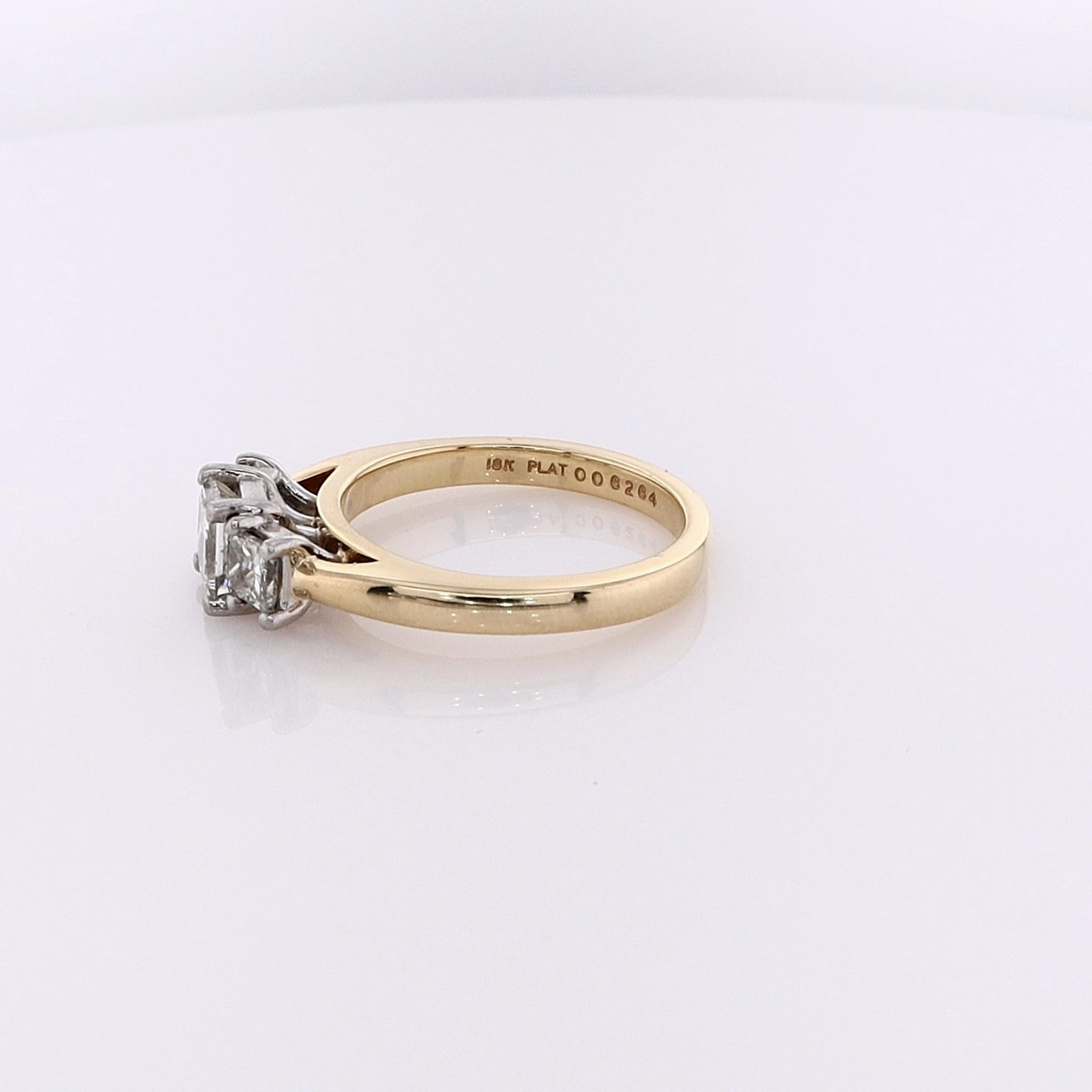 Estate Martin Flyer 18 Karat Yellow Gold and Platinum 3 Across Diamond Engagement Ring