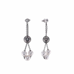 Estate Mikimoto 18k White Gold Black South Sea Pearl White Akoya and Diamond Earrings