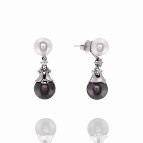 Estate Mikimoto 18k White Gold Cultured and Grey Tahitian Pearl Diamond Earrings