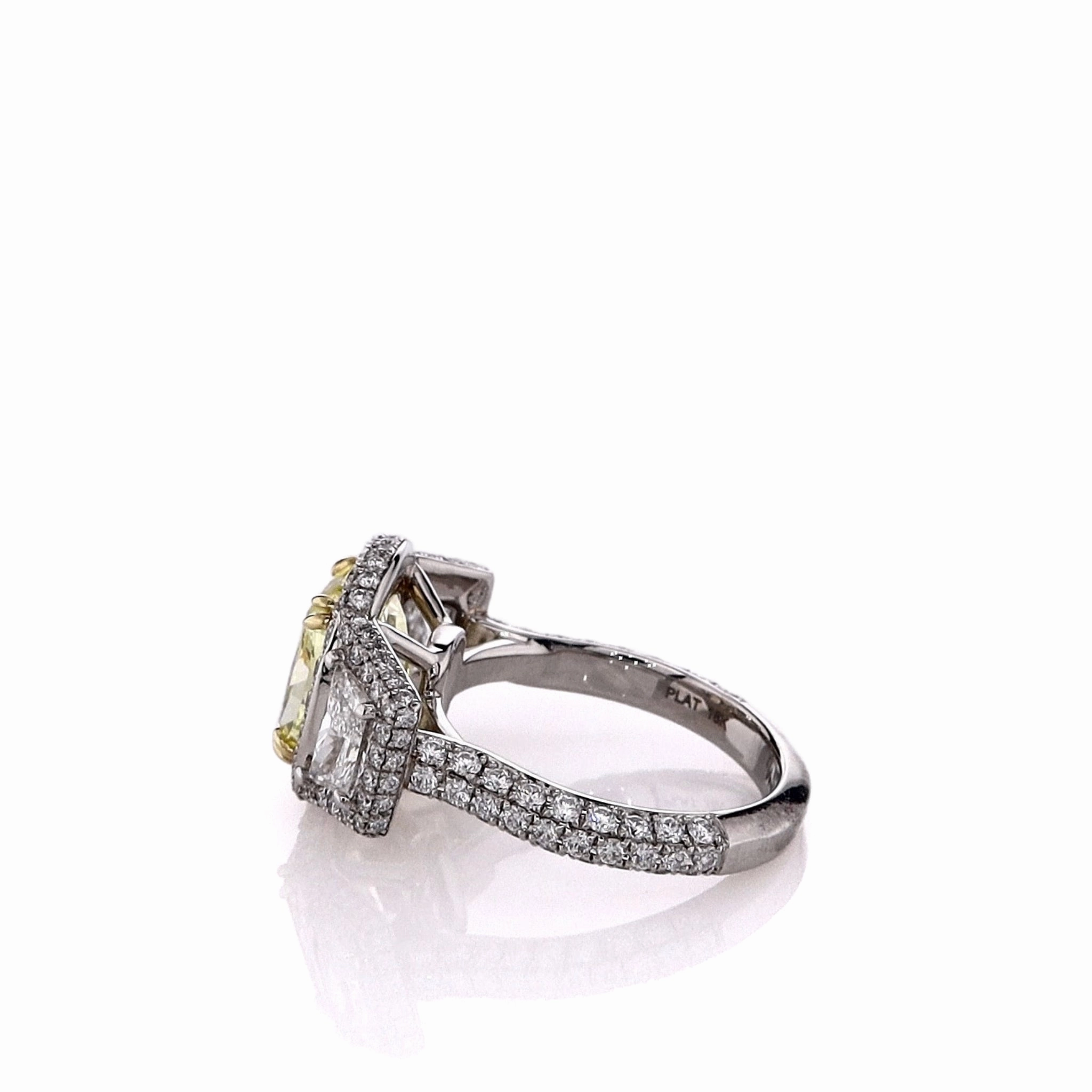Estate Platinum 4.08ct Cushion Cut Fancy Yellow Diamond Halo Engagement Ring