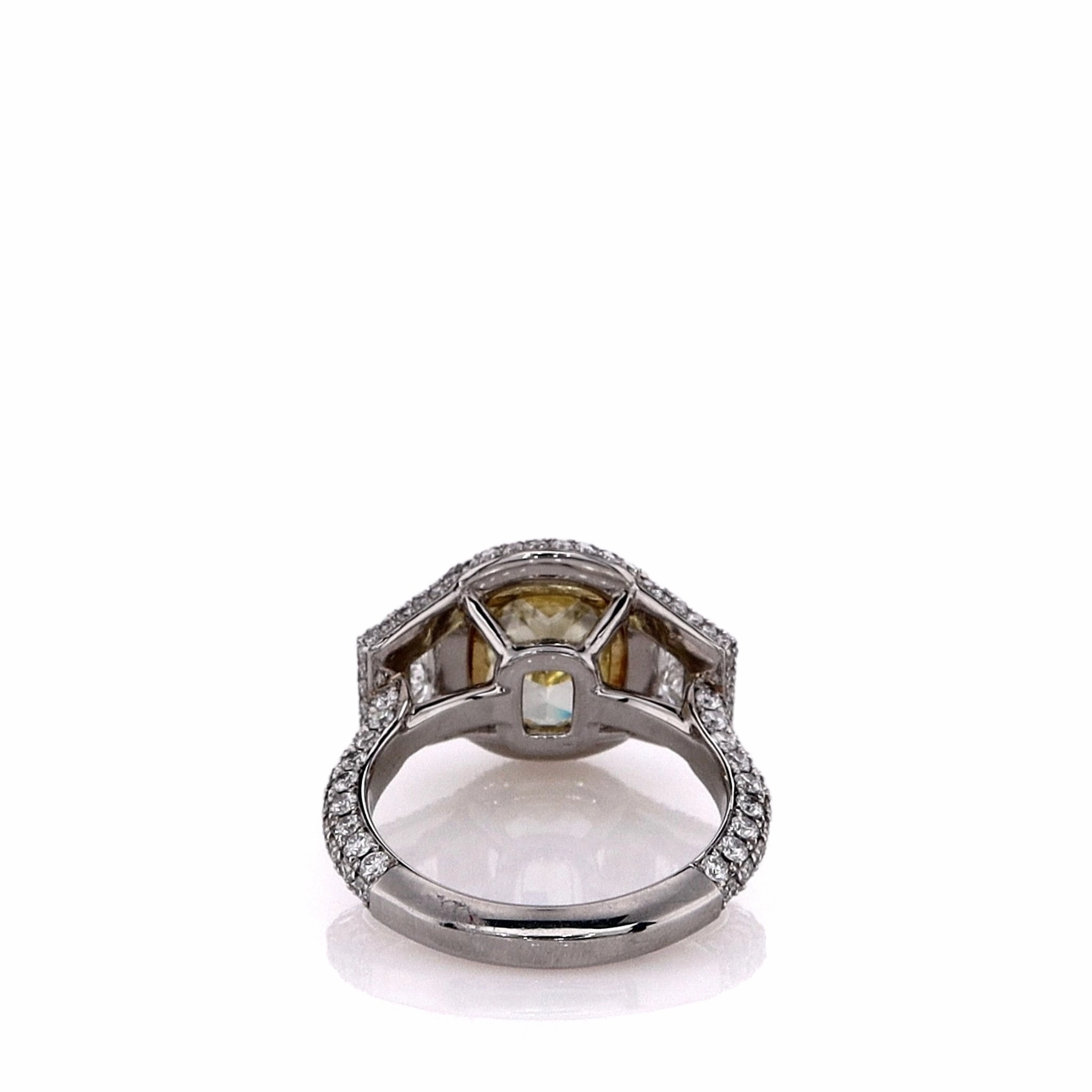 Estate Platinum 4.08ct Cushion Cut Fancy Yellow Diamond Halo Engagement Ring