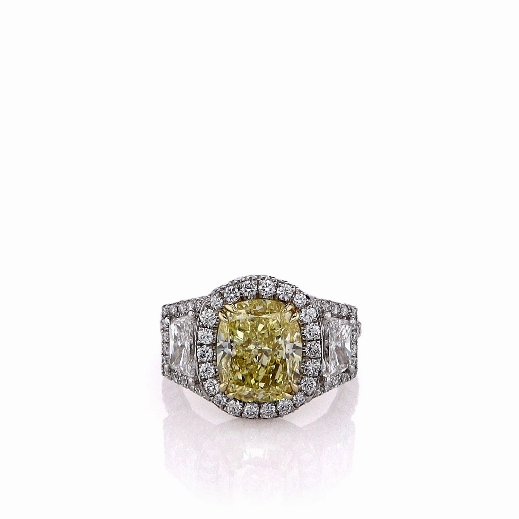 Estate Platinum 4.08ct Cushion Cut Fancy Yellow Diamond Halo Engagement Ring