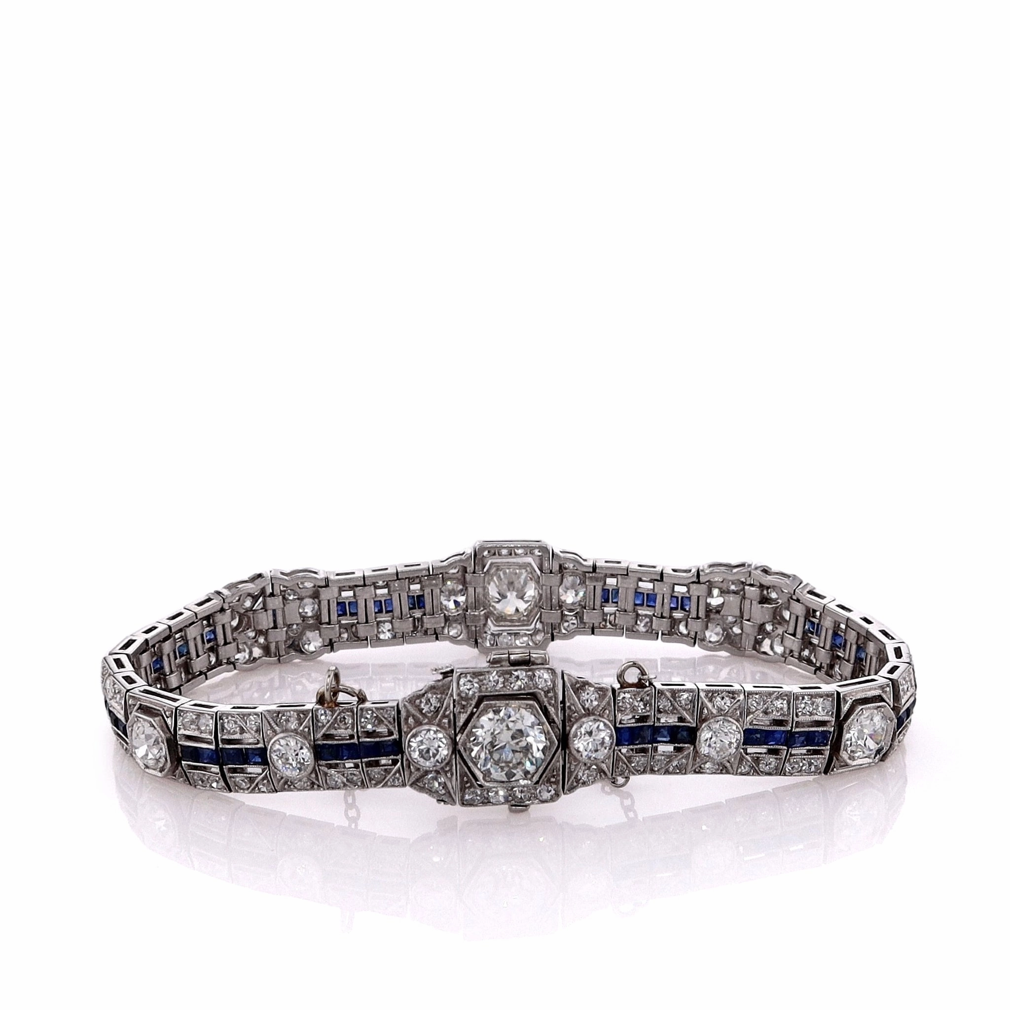 Estate Platinum 6.75" Milgrain Diamond and Sapphire Bracelet