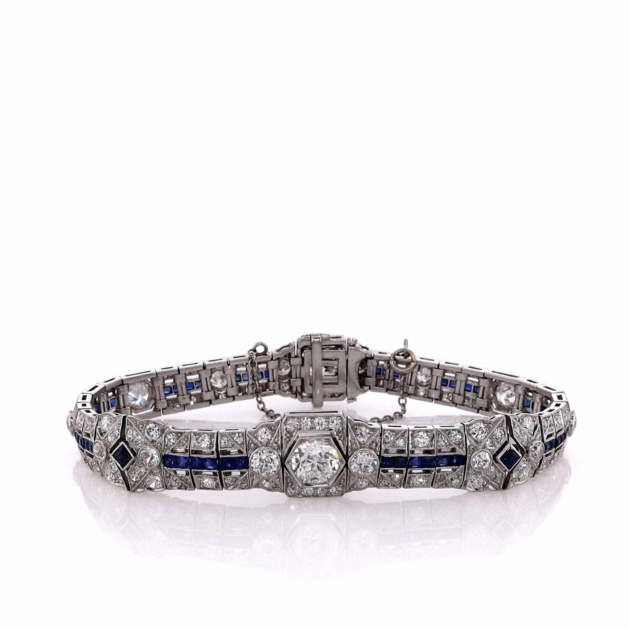 Estate Platinum 6.75" Milgrain Diamond and Sapphire Bracelet