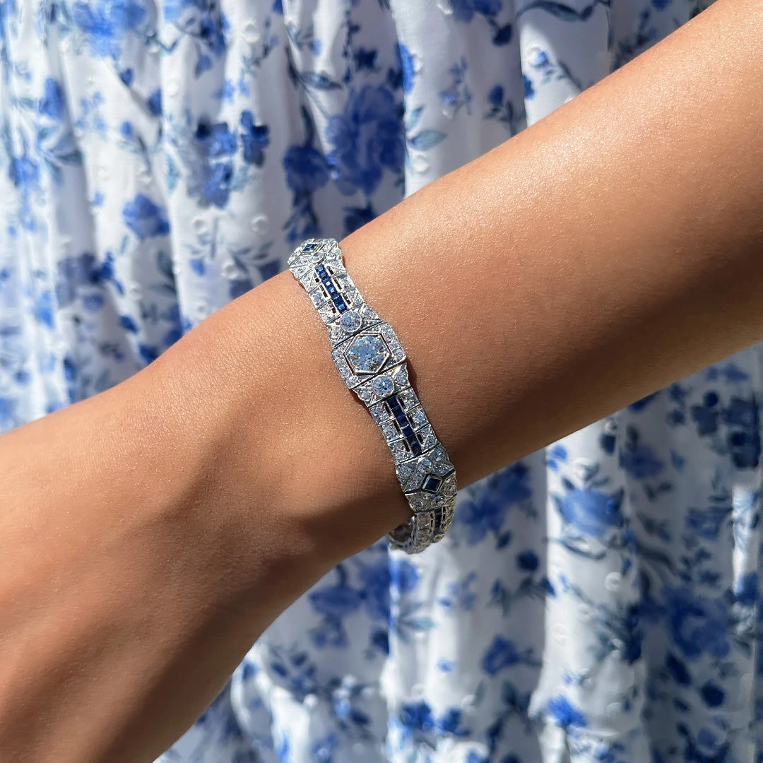 Estate Platinum 6.75" Milgrain Diamond and Sapphire Bracelet