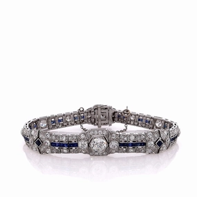 Estate Platinum 6.75" Milgrain Diamond and Sapphire Bracelet