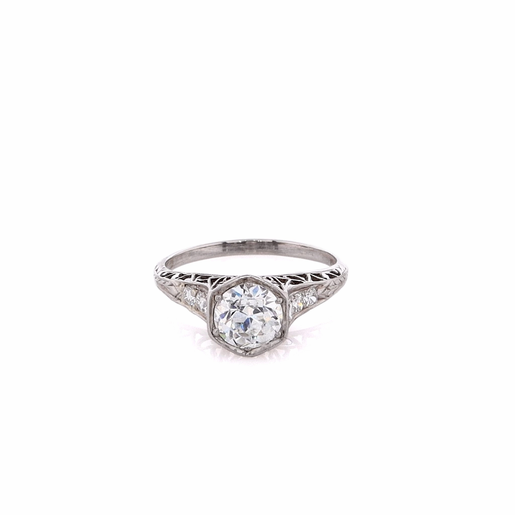 Estate Platinum Diamond Hexagonal Head Engagement Ring With Engraved Shank