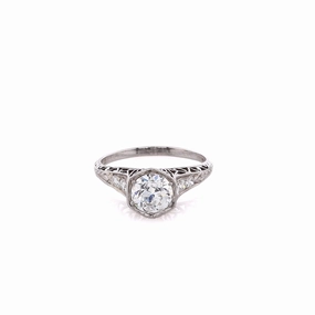 Estate Platinum Diamond Hexagonal Head Engagement Ring With Engraved Shank