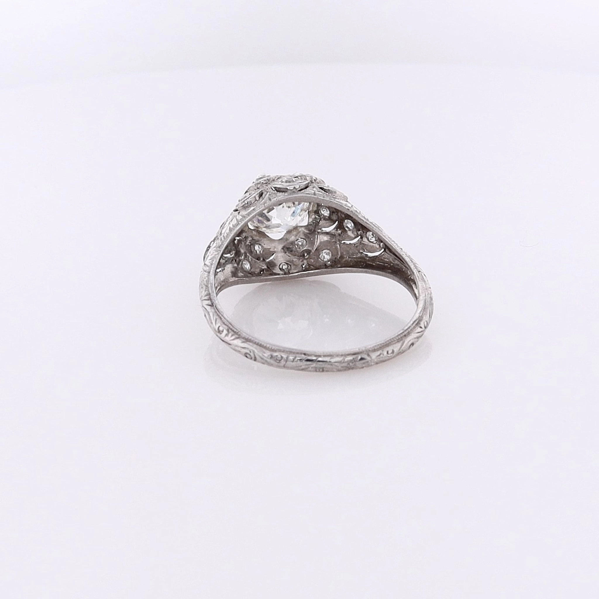 Estate Platinum Fish Scale Design Engraved and Milgrain Diamond Ring
