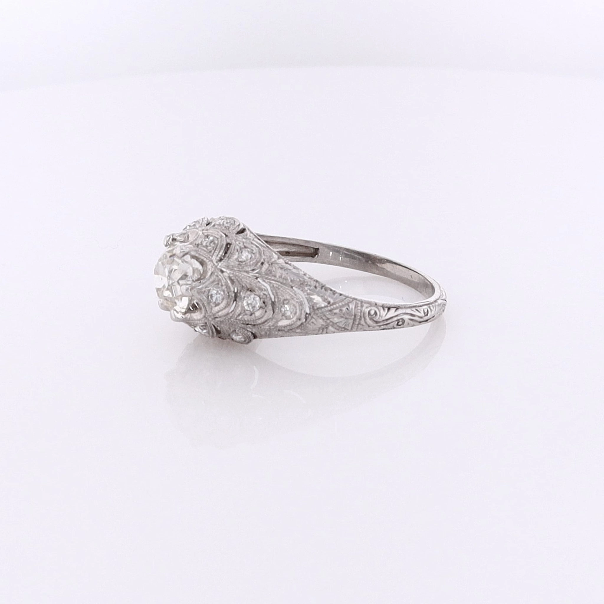 Estate Platinum Fish Scale Design Engraved and Milgrain Diamond Ring