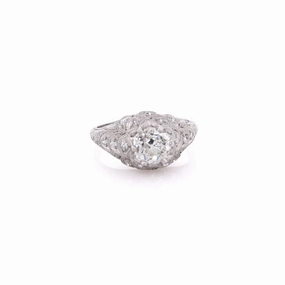 Estate Platinum Fish Scale Design Engraved and Milgrain Diamond Ring