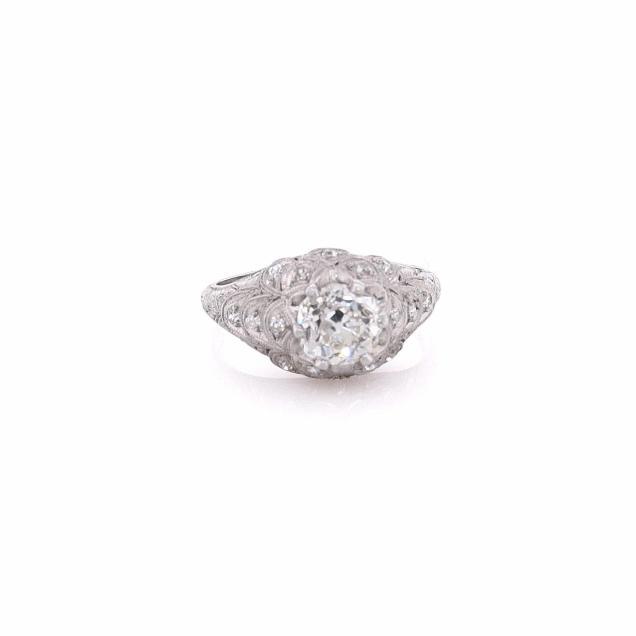 Estate Platinum Fish Scale Design Engraved and Milgrain Diamond Ring