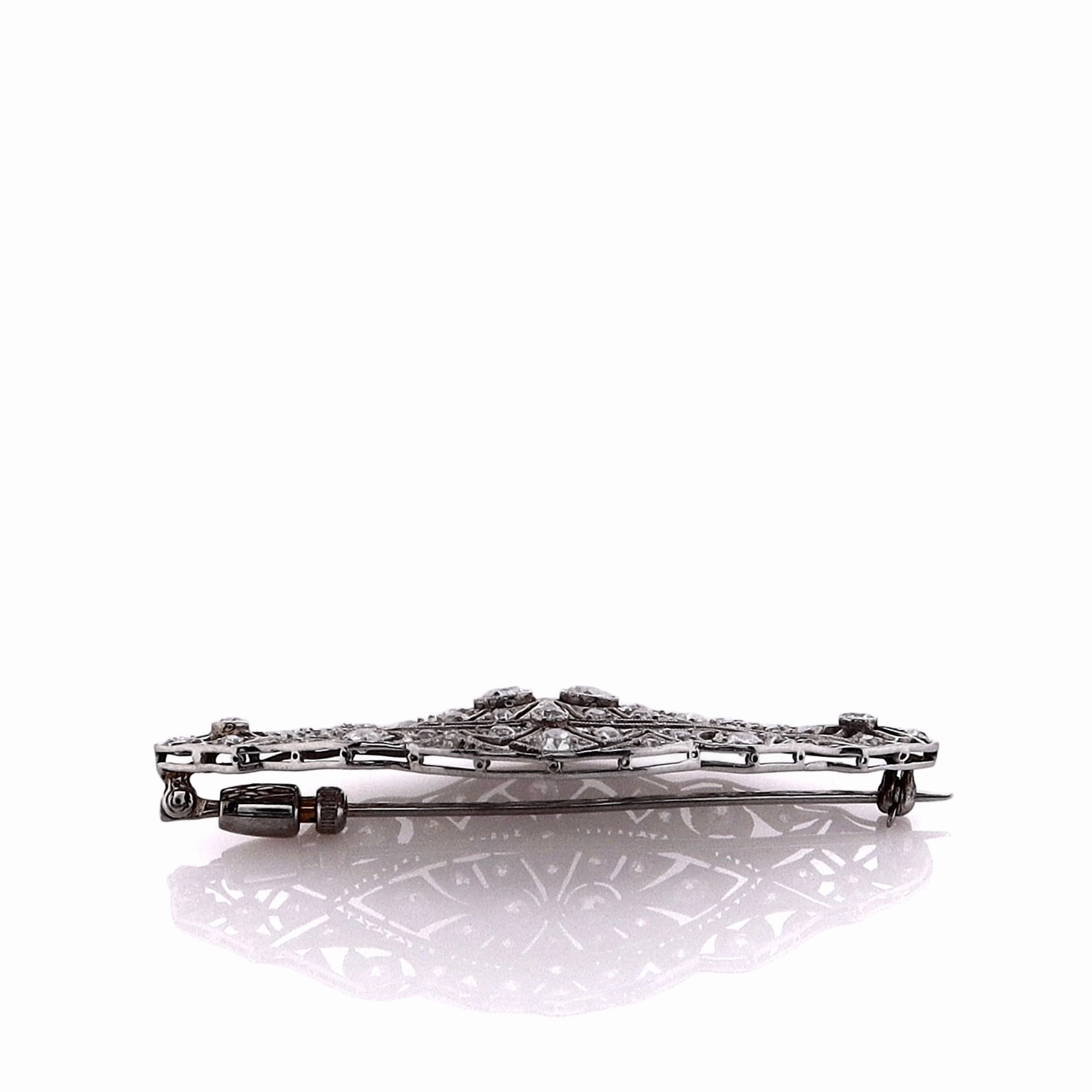 Estate Platinum Marquise Shaped Open Filigree and Milgrain Diamond Pin