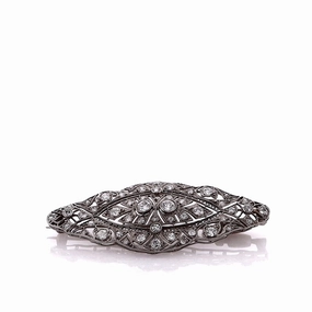 Estate Platinum Marquise Shaped Open Filigree and Milgrain Diamond Pin