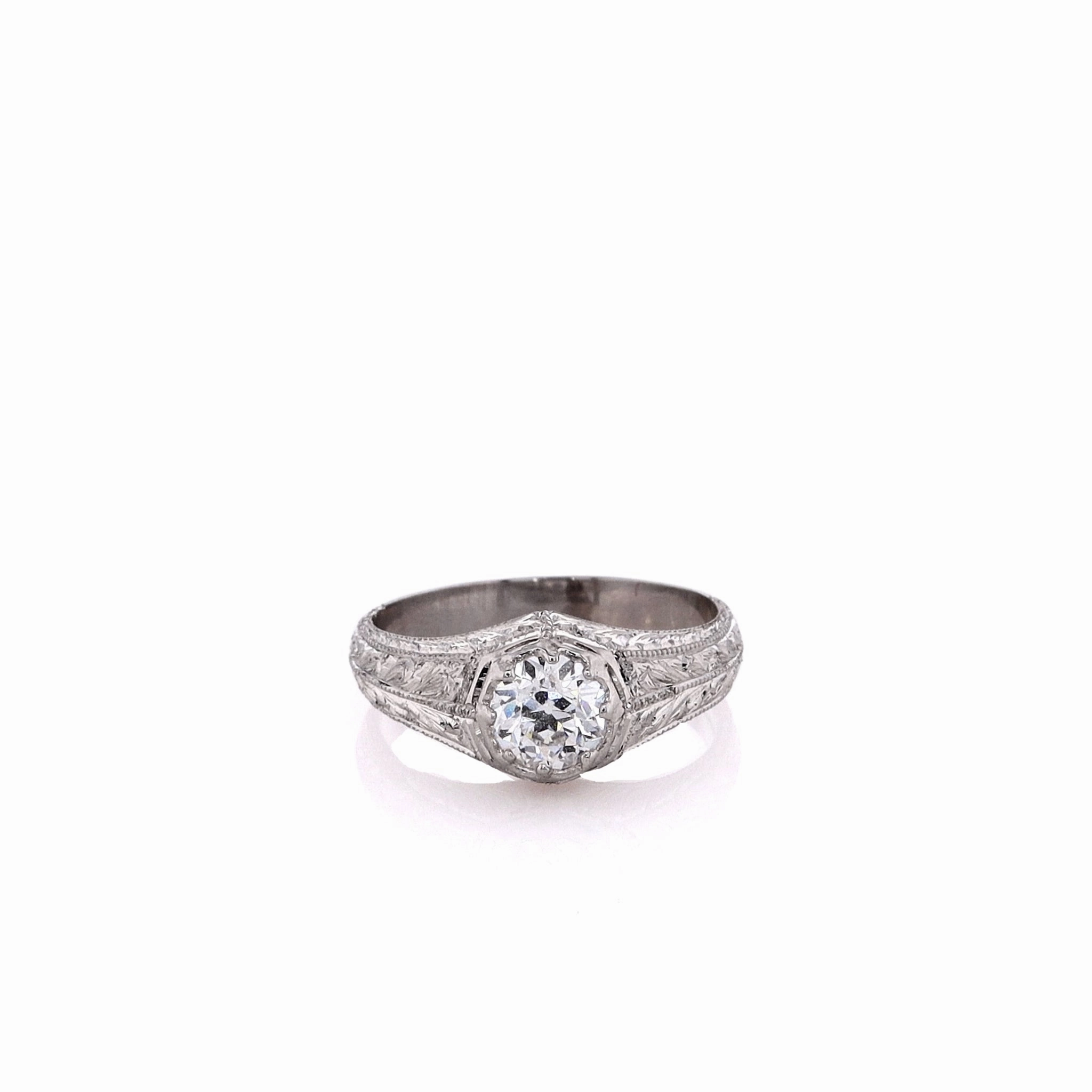 Estate Platinum Old European Cut Diamonds 8 Prong Belcher Style Hand Engraved Ring
