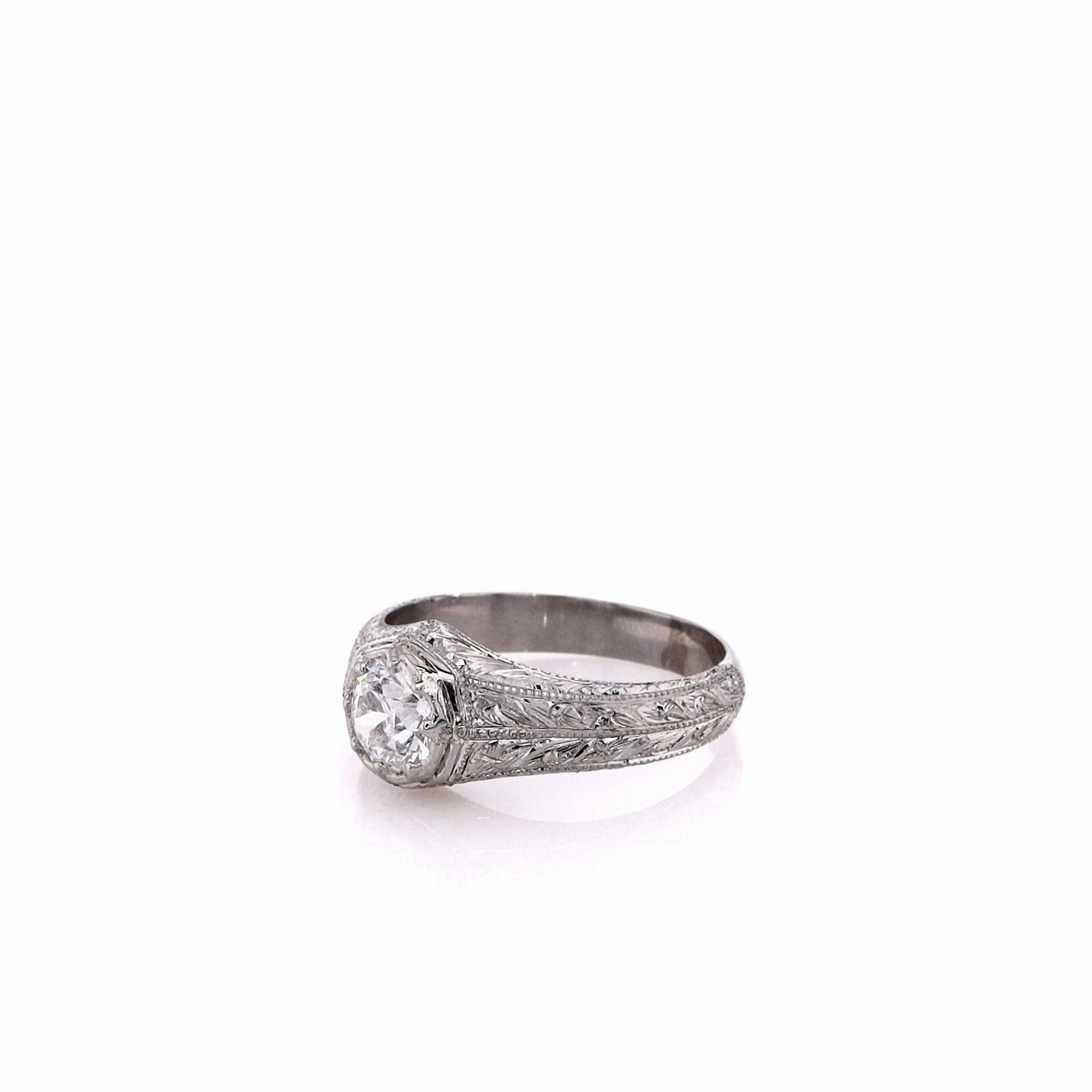 Estate Platinum Old European Cut Diamonds 8 Prong Belcher Style Hand Engraved Ring